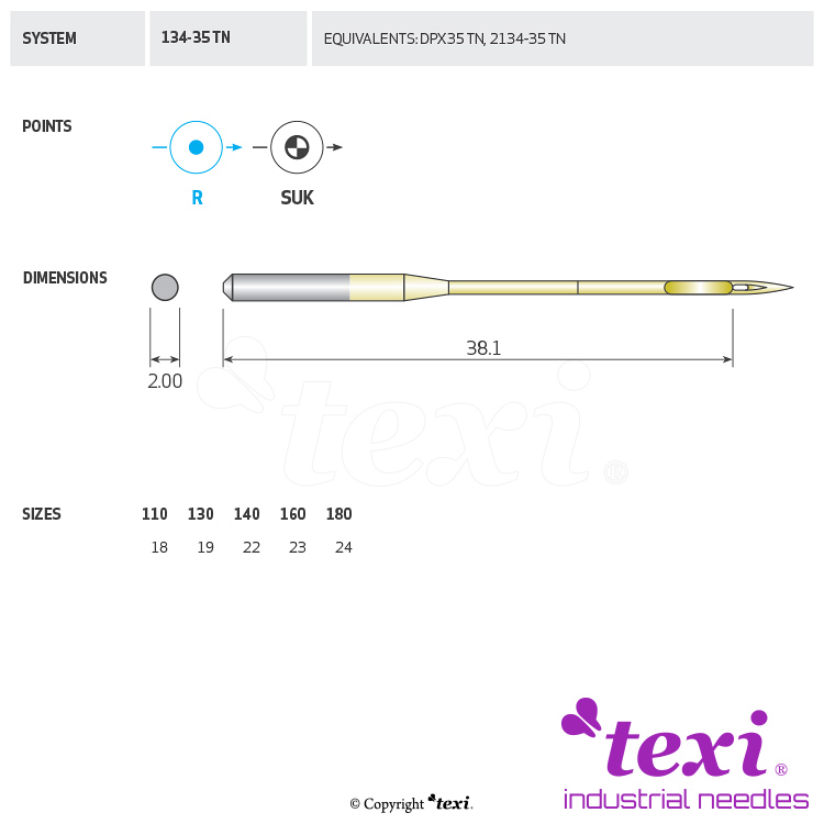 TEXI 134-35 (R) TN 110 - Titanized (gold) needle for a sewing machine - 1 Titanized (gold) needle for a sewing machine