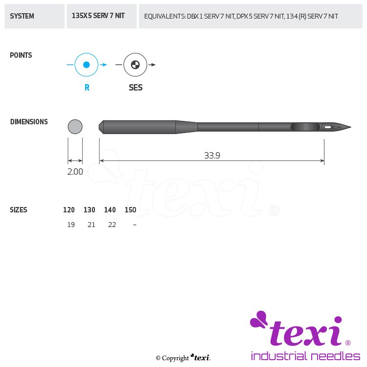TEXI 135X5 SERV 7 NIT 130 - Nickel plated PTFE coated needle for sewing machine - 1 Nickel plated PTFE coated needle for sewing machine