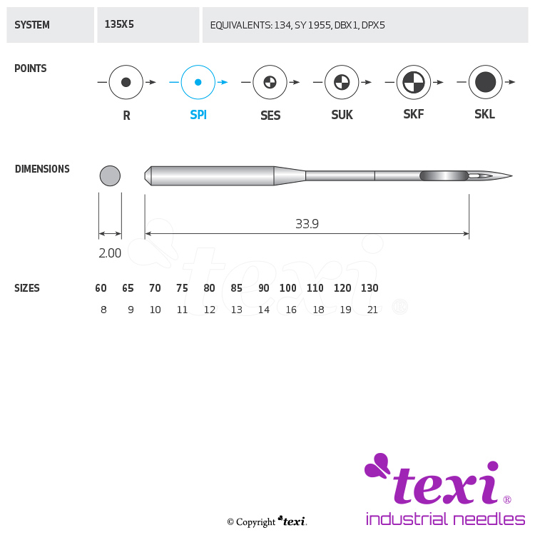 TEXI 135X5 SPI 100 - Sewing machine needle - 1 Sewing machine needle