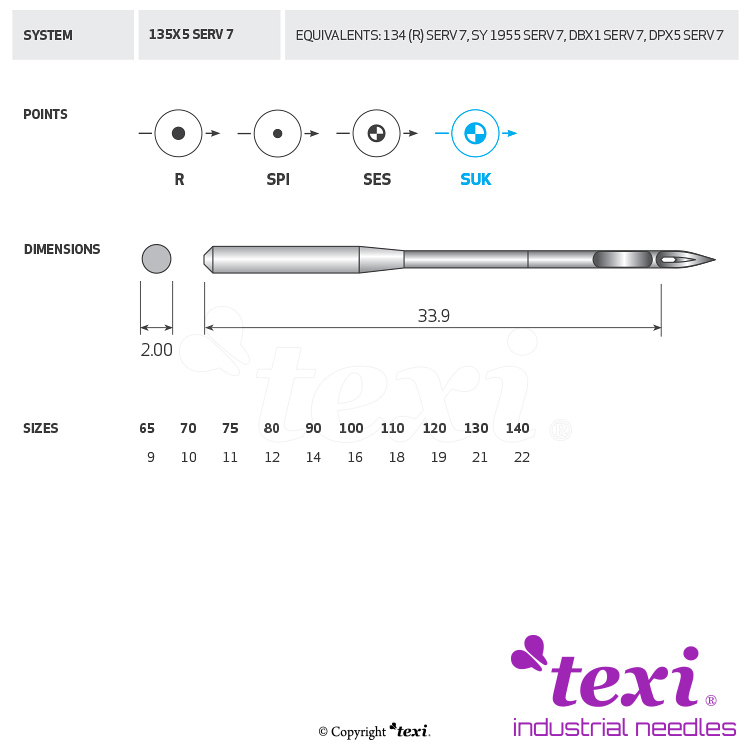 TEXI 135X5 SUK SERV 7 080 - Sewing machine needle - 1 Sewing machine needle