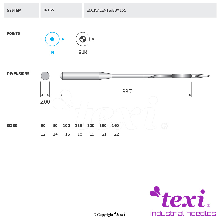 TEXI B-155 100 - Sewing machine needle - 1 Sewing machine needle